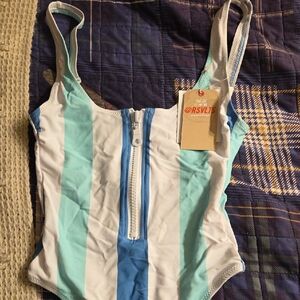 RSVLTS Aqua and White Striped Womens Bathing Suit NWT